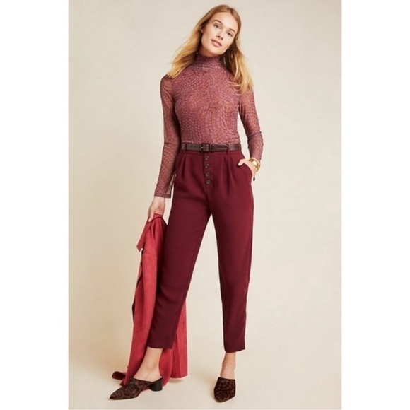 Anthropologie Pants - NWT Anthro Wine Red Sasha Button Front Tapered Leg Pants Relaxed Fit Cropped